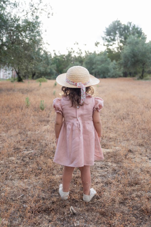 Vestido de criança em linho com gola de folhos c/manga curta